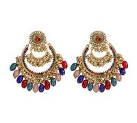 fxmimior Bohemian Golden Plated Chandelier Hollow Round Crescent Moon Statement Double Tassel Bead Dangle Drop Earrings Retro Vintage Geometry Hoop Jhumka Indian Tribal Mexico Gypsy Earrings, M, Metal