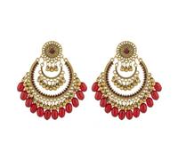 fxmimior Bohemian Golden Plated Chandelier Hollow Round Crescent Moon Statement Double Tassel Bead Dangle Drop Earrings Retro Vintage Geometry Hoop Jhumka Indian Tribal Mexico Gypsy Earrings, M, Metal
