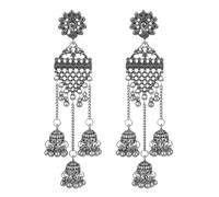 fxmimior Vintage Flower Indian Long Tassel Lantern Bell Pendent Jhumka Earrings Boho Hollow Geometric Ethnic Drop Beads Dangle Statement Jhumki Gypsy Chandelier Bollywood Earrings for Women, M, Metal