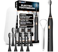 FXQQZZ Electric Toothbrush for Adults and Kids, with Tongue Scraper and Travel Case, 8 Brush Head, Smart Timer & 4 Modes Rechargeable Toothbrush, 42000 VPM Deep Clean, One Charge Last 90 Days - Black