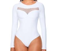 FXTYK Bodysuit for Women Long Sleeve Body Suits Sexy Front Breast Cutout Mesh Slimming Scoop Neck Shaper Leotard Thong Tops
