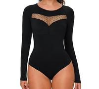 FXTYK Bodysuit for Women Long Sleeve Body Suits Sexy Front Breast Cutout Mesh Slimming Scoop Neck Shaper Leotard Thong Tops