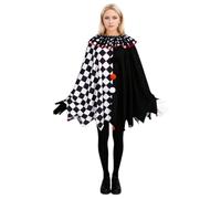 Fy-Dooy Halloween Scary Evil Joker Costume - Black White Split Checkered Clown Poncho Horror Cosplay Stage Party Fancy Dress