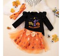 Fycakly Infant Toddler Girls Letters Cartoon Pumpkin Printing Flying Sleeve Long Sleeve Romper Short Skirt with Headband 3PC Children's Suit Toddler Halloween Costume Pumpkin (Orange, 9-12 Months)