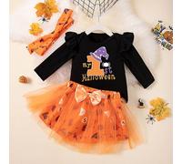 Fycakly Infant Toddler Girls Letters Cartoon Pumpkin Printing Flying Sleeve Long Sleeve Romper Short Skirt with Headband 3PC Children's Suit Toddler Halloween Costume Pumpkin (Black, 9-12 Months)