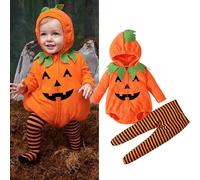 Fycakly Newborn Infant Baby Girls Boys Halloween Clothes Sets Long Sleeve Fleece Zipper Hooded Romper Tops Striped Pants Footed Leggings Costumes Childs Girls Boys Pumpkin Cute (Orange, 18-24 Months)