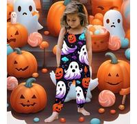 Fycakly Toddler Baby Girl Halloween Prints Jumpsuit Sleeveless Romper Outfits Pants Clothes Halloween Pumpkin Costumes Fancy Dress (Purple, 7-8Years)