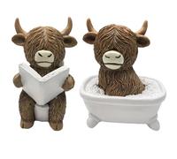 Fychuo 2 Pcs Highland Cow Bathroom Ornaments Set, Funny Bathtub & Toilet Pattern Highland Cow Ornaments Figurines, Cute Animal Statues for Bathroom Home Garden Decor, for Animal Lovers