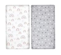 Fychuo 2 PCS Next to Me Crib Sheets, 100% Organic Cotton Cot Bed Sheets, Ultra Soft Bedside Crib Fitted Sheets Bassinet Sheets Mattress Cover for Bedside Cribs up to 82 X 41cm, Rainbow & Star