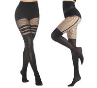 Fychuo Patterned Tights for Women 2 Pack - Black Fishnet Gothic Clothes, Striped Mock Suspender Thigh High Stockings, Ladies Fish Net