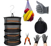 Fycooler 4Layer 3ft Mesh Hanging Herb Drying Rack Collapsible Dry Net,Herb Drying Rack Zipper Net with Hook and Gardening Shears Gloves,Storage Bag for Foods Herbs Vegs Fruits Tea Plants-Diameter 60cm