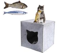 Fycooler Cat Cave Bed Igloo - Small Bed Cat House for Indoor Cats Multifunctional Cube Cat House with Catnip Fish Toy Foldable Felt Cat Bed - 33X37X33CM - Non-Toxic Material Animal Friendly