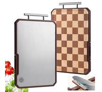 Fyctio Titanium Cutting Board, Double Sided Pure Titanium and Wood Chopping Board for Kitchen, Checkered Chopping Board with Handle and Stand, Sausage Board for Meat, Fruits, Vegetables, 15 x 10 Inch