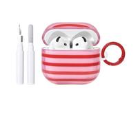Fycyko Compatible for AirPods 4 Case Soft TPU with Cleaner Kit Cute Clear Horizontal Stripes Aesthetic Printed Design Shockproof Keychain Cover for Girls Woman-Clear Red
