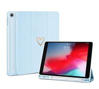 Fycyko Compatible with iPad 10.2 Inch Case, iPad 9th/8th/7th Generation 2021/2020/2019 Case with Pencil Holder & Tip Cover, Women Girls Heart Pattern Protective Case for iPad 10.2 Inch, Blue
