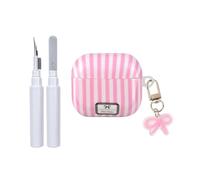 Fycyko for AirPod 4th Generation Case with Bow Keychain Striped Trendy Cute Aesthetic Glossy Shockproof Protective Case for AirPod 4 with Cleaner Kit-Pink