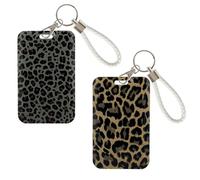 Fycyko Pack of 2 Card Case with Strap, Leopard Print ID Card Holder with Short Chain, Brown and Grey, ID Card Holder, Bus Ticket Case, Student for Women and Girls, Teacher, Nurse