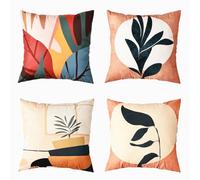 Fycyko Set of 4 Leaf Cushion Covers 45 x 45 cm Abstract Art Boho Decorative Throw Pillow Covers 18x18 inches Soft Square Velvet Pillowcases for Sofa Garden Bed Couch Indoor Outdoor Decor - Style A