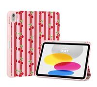 Fycyko Trifold Stand Case for iPad 11th Generation (A16) 2025 11 Inch/iPad 10th Gen. 2022 10.9 Inch with Pencil Holder, Trendy Striped Cherry Pattern Stylish Aesthetic Design Protective Cover-Red