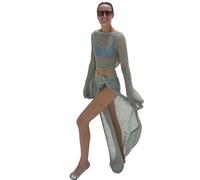 Fydranix Knitted Crochet Beach Cover Ups Swimsuit Two Pieces Bathing Suit Women Sexy Long Sleeve Hollow Crop Tops Split Maxi Skirts