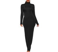 FYEARFOX Women’s Plus Size Long Sleeve Maxi Dress Turtleneck Floor Length Slim Plain Basic Bodycon Dresses, Black, 4XL