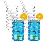 Fyeme 4Pcs Iced Coffee Glass 500ML Bubble Drinking Glasses with Straw Cute Ripple Shaped Glass Cup Water Drinking Glasses Wide Opening Glassware Tumbler for Coocktail, Whiskey, Beer