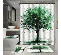 FYFMUSHE 4 Piece Abstract Tree Bathroom Set with Bath Curtain And Rugs, Retro Green Leaf Plant Watercolor Bathtub Shower Curtain Set with Rug, Bath Mat, U-Shaped Floor Mat