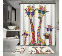 FYFMUSHE 4 Piece Modern Fun Giraffe Bathroom Set with Bath Curtain And Rugs, Beautiful Flower Wild Cute Animal Bathtub Shower Curtain Set with Rug, Bath Mat, U-Shaped Floor Mat