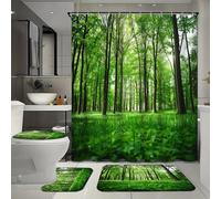 FYFMUSHE 4 Piece Spring Forest Bathroom Set with Bath Curtain And Rugs, Rustic Tree Green Leaf Landscape Bathtub Shower Curtain Set with Rug, Bath Mat, U-Shaped Floor Mat