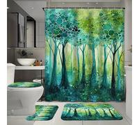 FYFMUSHE 4 Piece Watercolor Tree Bathroom Set with Bath Curtain And Rugs, Fantasy Forest Abstract Leaf Plant Bathtub Shower Curtain Set with Rug, Bath Mat, U-Shaped Floor Mat