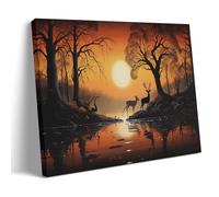 FYFMUSHE Abstract Woods Deer Canvas Wall Art Paintings Beautiful Sunset River Scenery Pictures on Canvas Prints Framed Ready to Hang Artwork for Bedroom Home Decor 12x18inch(30x45cm)