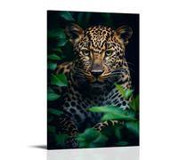 FYFMUSHE Beautiful Leopard Canvas Wall Art Paintings Natural Animal Green Leaf Modern Pictures on Canvas Prints Framed Ready to Hang Artwork for Bedroom Home Decor 12x18inch(30x45cm)