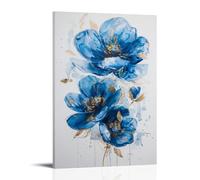 FYFMUSHE Colorful Flowers Canvas Wall Art Paintings Blue Floral Gold Leaves Nature Plants Pictures on Canvas Prints Framed Ready to Hang Artwork for Bedroom Home Decor 16x24inch(40x60cm)