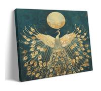FYFMUSHE Fantasy Golden Peacock Canvas Wall Art Paintings Abstract Beautiful Animal Moon Retro Pictures on Canvas Prints Framed Ready to Hang Artwork for Bedroom Home Decor 08x12inch(20x30cm)