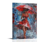 FYFMUSHE Gorgeous Woman Canvas Wall Art Paintings Red Dress Girl Rainy Street Pictures on Canvas Prints Framed Ready to Hang Artwork for Bedroom Home Decor 16x24inch(40x60cm)