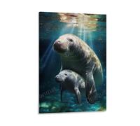 FYFMUSHE Modern Sea Animals Bedroom Decor Wall Art Tropical Manatee Animal Patterns Canvas Print Poster Framed Painting Artwork for Living Room Office 12x18inch(30x45cm)