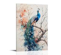FYFMUSHE Vintage Peacock Canvas Wall Art Paintings Wild Nature Bird Blue Feathers Pictures on Canvas Prints Framed Ready to Hang Artwork for Bedroom Home Decor 16x24inch(40x60cm)