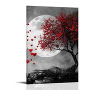 FYFMUSHE Vintage Red Love Tree Canvas Wall Art Paintings Rustic Full Moon Plant Nature Pictures on Canvas Prints Framed Ready to Hang Artwork for Bedroom Home Decor 24x36inch(60x90cm)