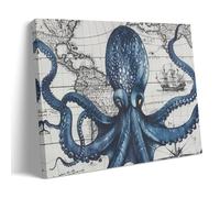 FYFMUSHE Watercolor Map Octopus Canvas Wall Art Paintings Modern Nautical Sea Animals Pictures on Canvas Prints Framed Ready to Hang Artwork for Bedroom Home Decor 16x24inch(40x60cm)