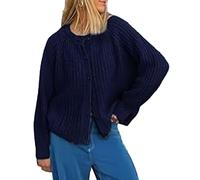 FYHTC Crochet Cardigan Sweaters for Women Tops Chunky Knitted Crew Neck Long Sleeve Button Down Jackets Open Front Coat(Navy Blue,Medium)