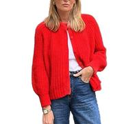 FYHTC Crochet Cardigan Sweaters for Women Tops Chunky Knitted Crew Neck Long Sleeve Button Down Jackets Open Front Coat(Red,Medium)