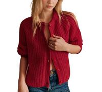 FYHTC Crochet Cardigan Sweaters for Women Tops Chunky Knitted Crew Neck Long Sleeve Button Down Jackets Open Front Coat(Dark red,Large)