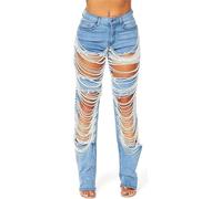FYHTC Cut Out Jeans for Women Straight Leg Mid Waisted Ripped Rhinestone Pearl Beaded Denim Pants(Blue,Small)