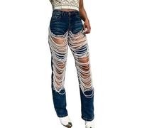 FYHTC Cut Out Jeans for Women Straight Leg Mid Waisted Ripped Rhinestone Pearl Beaded Denim Pants(Dark Blue,Medium)