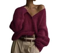 FYHTC Fuzzy Cardigan Sweaters for Women V Neck Button Down Fluffy Knit Sweater Long Sleeve Cardigan Sweater Coat(Burgundy,Large)