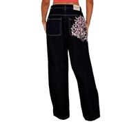 FYHTC High Waist Jeanshose Women's Baggy Straight Leg Denim Pants with Cherry Blossom Embroidery WomenJeans No Stretch Comfortable Wide Fit for Casual & Streetwear(Medium)