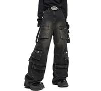 FYHTC Jeans for Women Men Baggy Jeans Y2K Baggy Cargo Pants Grunge Parachute Pants Emo Alt Streetwear Hip Hop(X-Small) Black