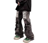 FYHTC Mens Cargo Pants Ripped Baggy Jeans Y2K Elastic Waist Straight Leg Pants 90S Vintage Streetwear Grunge Clothes(Color:Black,Size:X-Large)