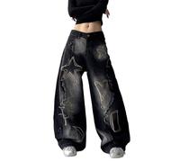 FYHTC Unisex Y2K Jeans for Women and Men Vintage Baggy Jeans with Graffiti Heart Star Print Oversized Wide Leg(Black,XXX-Large)