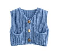FYHTC Women Chunky Sweater Vest Button Down Crochet Cable Knit Cardigan Sleeveless Open Front Knitted Crop Waistcoat(Blue,Large)